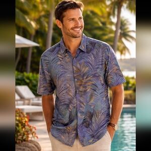 Tori Richard Hawaiian Button Up Short Sleeves 100% Cotton Lawn Blue Shirt Sz.L